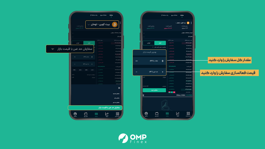 سفارش خرید و فروش ارز دیجیتال در او ام پی فینکس به روش حد ضرر با قیمت بازار