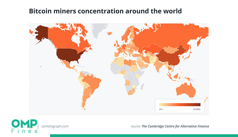 تراکم ماینرهای بیت کوین در جهان