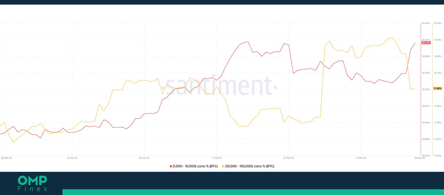 تغییرات موجودی بیت کوین در کیف پول نهنگ‌ها