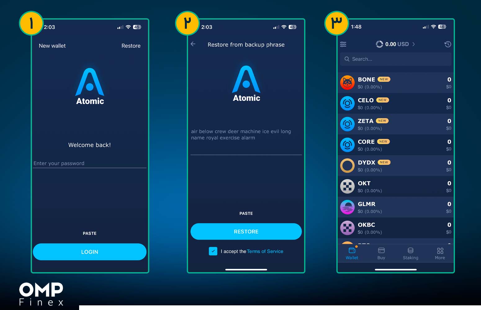 نحوه بازیابی کیف پول اتمیک والت (Atomic Wallet) صرافی او ام پی فینکس